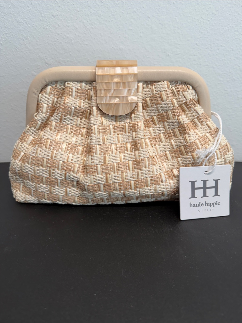 Haute Hippie | Neutral Woven Clutch w/ Chain Crossbody Strap